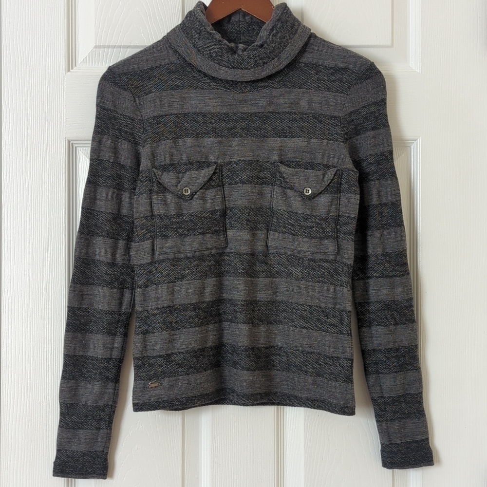 Lacoste Classic Cotton & Wool Blend Striped Knit Turtleneck Sweater Gray 32 XS